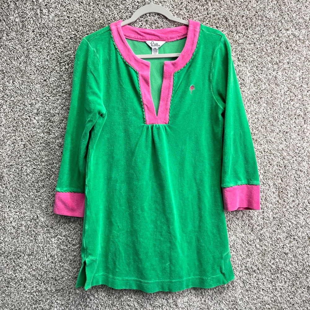 Lilly Pulitzer Coverup Dress Women's XS Green/Pink Terry Knit V-Neck 3/4 Sleeve